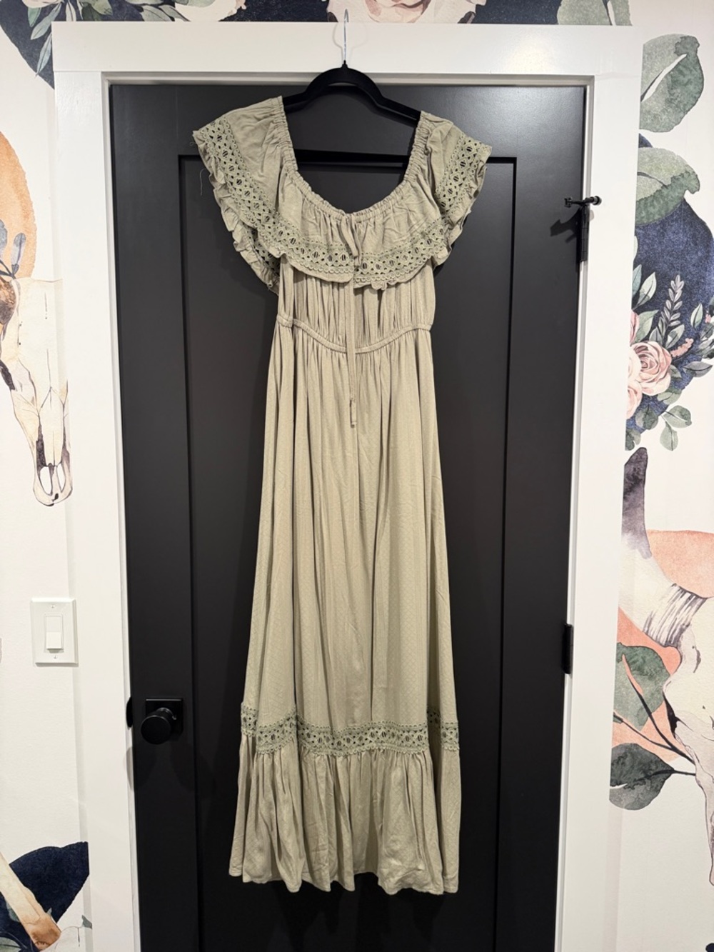 Blu Pepper Olive Green Maxi Dress with Eyelet Ruffle